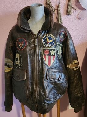 Vintage Brown Leather Bomber Jacket with Patches